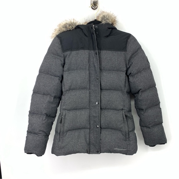 Eddie Bauer Women Size Medium Coat Down Fill Puffer Parka Jacket Gray Hood Fur - Picture 1 of 9